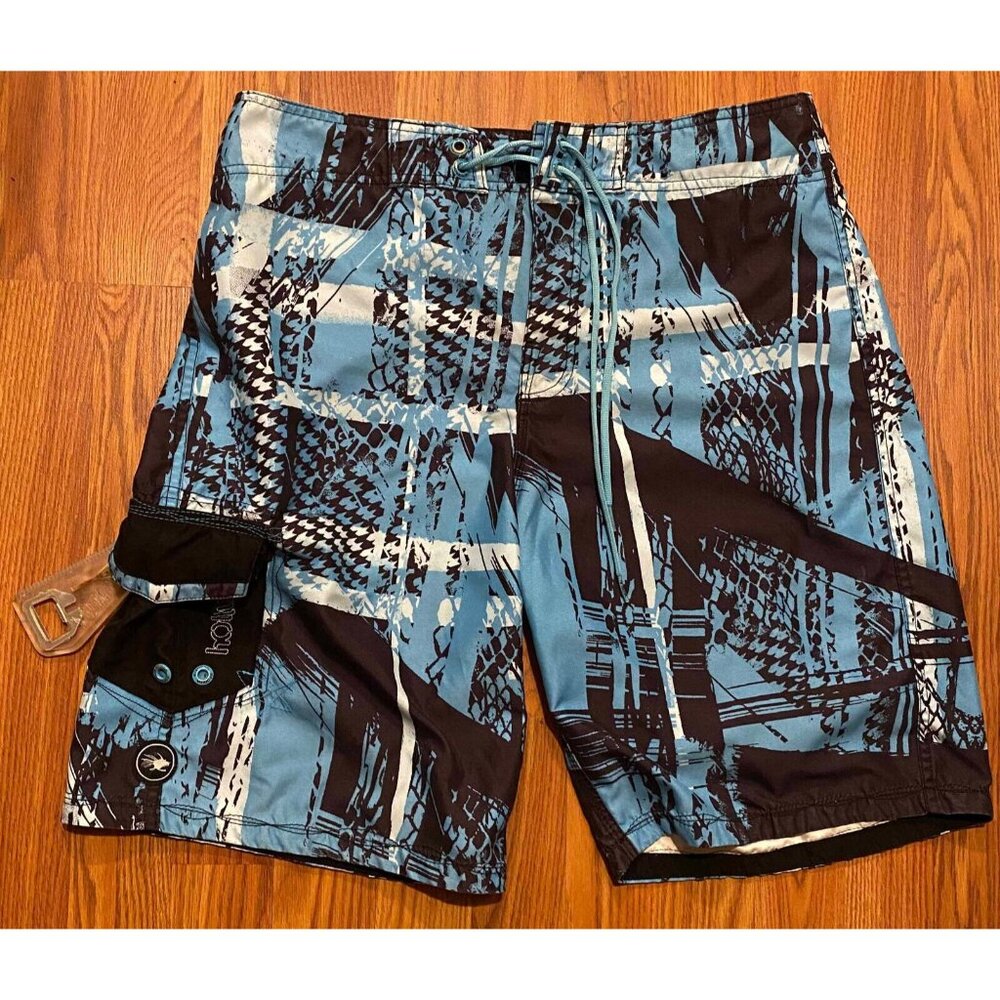 Rare Hot Tuna Mens 32 Surf Board Shorts w/ Wax Comb Grafitti AOP Swim Trunks